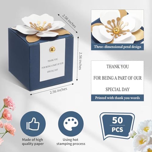 Affrolling 50 Pcs Wedding Favor Boxes, Square Flower Gift Box Party, Blue - Image 3