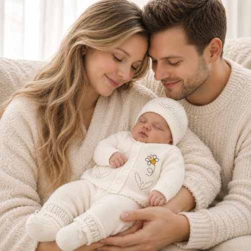 Handmade Crochet Baby Bee Outfit 0-3 Months – Premium Knit Sweater, Pants, Hat & Booties Set – Luxury Baby Shower Gift, Coming Home Outfit, Neutral Newborn Keepsake, Newborn Photography (Color Beige) - Image 5