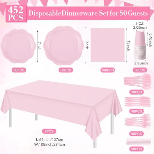 Funnymoom 452 Pcs Pink Party Supplies for 50 Guests, Light Pink Scalloped Paper Plates Napkins Cups Plastic Tablecloth Cutlery Straws for Baby Bridal Shower, Birthday Wedding Party Decoration - Image 2
