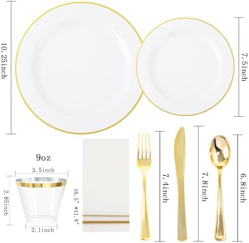 SUT 350 PCS Elegant White and Gold Disposable Dinnerware Set - Premium Dinner & Salad Plates, Cups, Napkins & Cutlery for 50 Guests - All-Inclusive Party Plastic Plates - Image 4