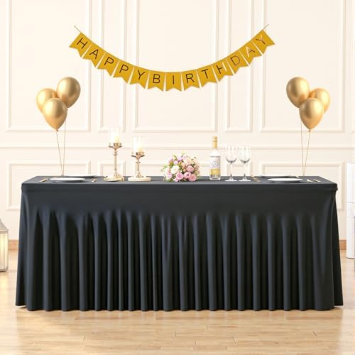 Suppromo 8ft Black Spandex Tablecloths for Rectangle Tables Wrinkle Free Black Table Cloth Rectangle Stretch Fitted Table Cover with Skirt for Wedding Birthday Party Banquet Baby Shower Buffet Event - Image 5