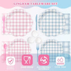 Pink and Blue Gingham Dinnerware Set, 350 Pcs, Serves 50 - Image 5