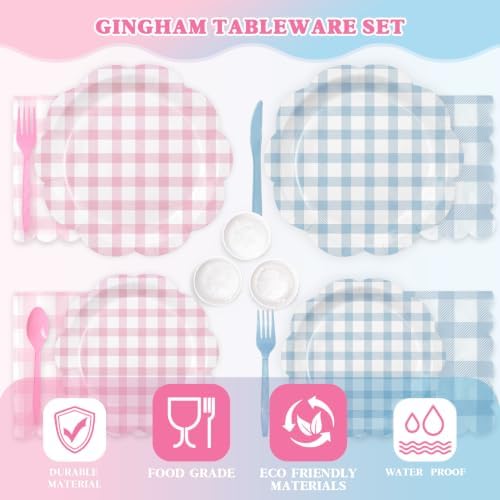 Pink and Blue Gingham Dinnerware Set, 350 Pcs, Serves 50 - Image 5