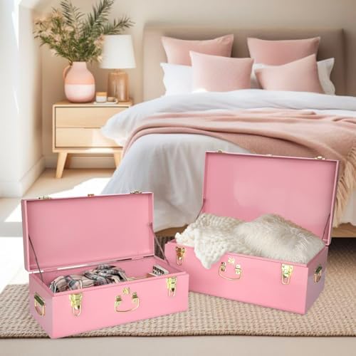 Vixdonos Decorative Large Metal Box Storage Trunk Chest Set of 2 College Dorm Organizer with Hardware Hasps and Handle for Home Deocr,23.7X14.2X9.5 Inches,Deep Pink - Image 4