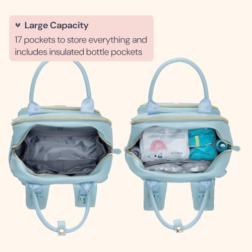 BabbleRoo Leather Diaper Bag Backpack - Baby Essentials Travel Baby Bag, Multi function, Water Resistant, with Changing Pad, Stroller Straps & Pacifier Case – Unisex, Powder Blue - Image 4