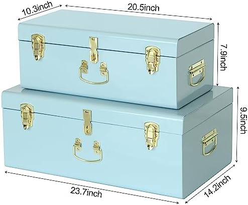 Vixdonos Metal Trunk Decorative Storage Box Set of 2 College Dorm Chest with Handle (Light Blue) - Image 2