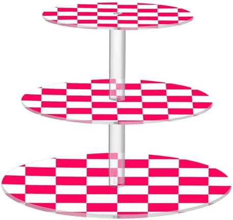 J JOYSAY Checkerboard Pink Red Pattern Acrylic Cupcake Stand 3 Tier Dessert Table Display Set Clear Cake Stands for Wedding Baby Shower Party Decorations Easy Assembly Macaron Tower by J+JOYSAY
