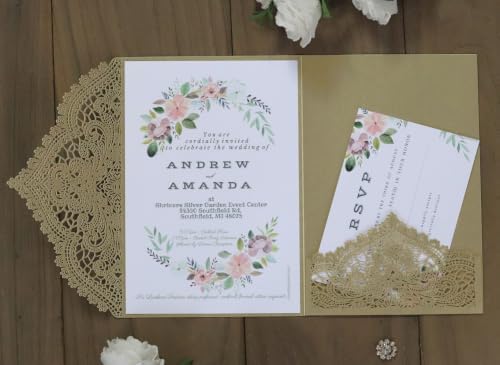 20Pcs Laser Cut Pocket Wedding Invitation Covers, 4.9×7 Inch Trifold Lace Floral Invitation Sleeves with Envelopes (Cream Gold, 20 Pcs Customized Printed) - Image 2
