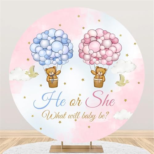 Polyester Diameter 7.5ft Round Gender Reveal Backdrop Blue Pink Balloon Bear Background for Photography He or She What Will Baby Be Mommy Pregnancy Surprise Party Photo Booth Props - Image 2