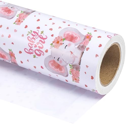 WRAPAHOLIC Jumbo Baby Girl Wrapping Paper - 30 Inch x 100 Feet Jumbo Roll - Adorable Pink Elephant Design for Baby Shower, Party, Holiday by WRAPAHOLIC