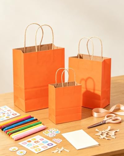 qiqee 100PCS Gift Bag with Handles Bulk Kraft Orange Paper Bags Assorted Sizes (33-Large, 33-Medium, 34-Small) - Image 6