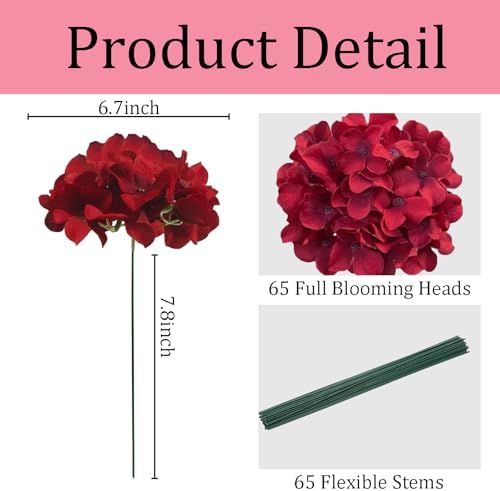 65Pcs Deep Red Hydrangea Artificial Flowers Bulk，Realistic Silk Fake Flowers with Stems，Faux Hydrangea Flowers for Wedding Home Decor Centerpieces Living Room Garden Party Baby Shower Decor - Image 3