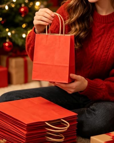 qiqee 100PCS Gift Bag with Handles Bulk Kraft Red Paper Bags Multiple Uses (8.3"x3"x6"inch Small Size) - Image 6