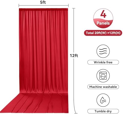 20ftx12ft Wrinkle Free Red Backdrop Curtain for Parties, 4 Panels Silky Polyester 12ft Long Photo Backdrop Drapes Back Drop Cloth for Wedding Birthday Party Christmas Photography Background - Image 6