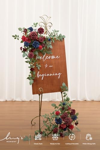 Ling's moment Welcome Sign Flowers, Wedding Floral Swag, Burgundy Navy Blue - Image 5