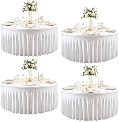 4 Pack White Round Spandex Tablecloths, 5FT/60In Fitted Stretchy Table Cloth with Skirt, Washable Tablecloth, Circle Wrinkle Free Table Cover for Wedding Party Dining Banquet Events by Torrowsrort