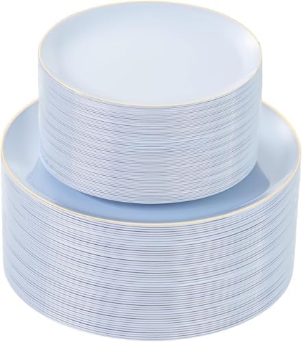 bUCLA 100PCS Light Blue Plastic Plates - Blue Disposable with Gold Rim - Include 50 Each (10 inch Dinner & 7 inch Dessert) Plates, Ideal for Party, Birthday & Spring by BUCLA