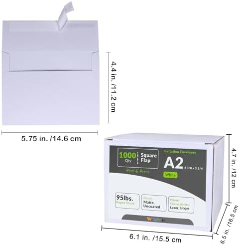 Winlyn 1000 Pcs White A2 Invitation Envelopes, Peel & Press Self Seal, 4 3/8 x 5 3/4 Square Flap, RSVP & Return Envelopes, 95lb. Paper, Perfect for Announcements, Greeting Cards, Letters - Image 4