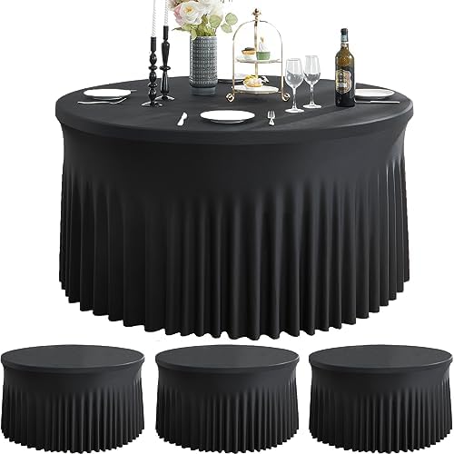 4 Pack Black Spandex Round Tablecloths for 60inch Table, Wrinkle Free 120inch Stretchy Fitted Round Table Cloths Covers with Skirt for Wedding Birthday Parties Banquet Events by Htper