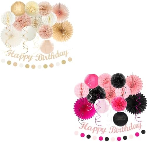 Champagne-Gold Beige Fall Boho Birthday Party-Decorations and Hot-Pink Black Girls-Women Birthday Party-Decorations by Huglony