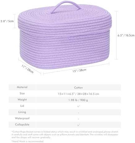 Sea Team Oval Storage Basket, Woven Cotton Rope Basket with Lid, Lavender - Image 5