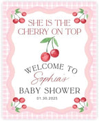Andaz Press Personalized She's The Cherry on Top Baby Shower Decorations, Custom Pink Gingham Cherry Themed Party Decorations Baby Shower Welcome Sign Decor, 16x20 Inch by AndazPress