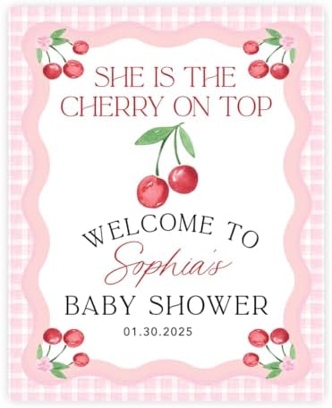 Andaz Press Personalized She's The Cherry on Top Baby Shower Decorations, Custom Pink Gingham Cherry Themed Party Decorations Baby Shower Welcome Sign Decor, 16x20 Inch by AndazPress
