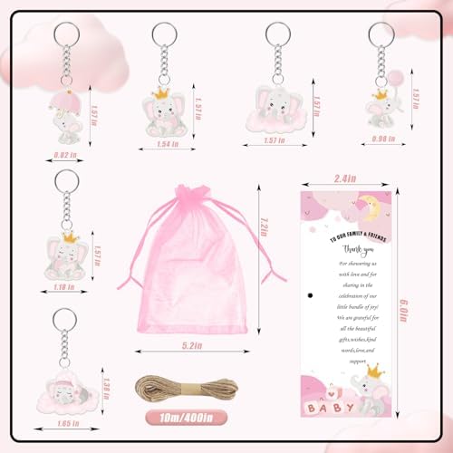 145 Pieces Baby Shower Favors for Guest Pink Elephant Ballpoint Pens and Keychains Gifts for Baby Girls Bulk Retractable Baby Shower Pens Gender Reveal Greeting Cards Souvenirs Prizes - Image 3