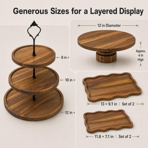 7-Piece Acacia Wood Dessert Table Display Set with 4 Wavy Trays - Image 3