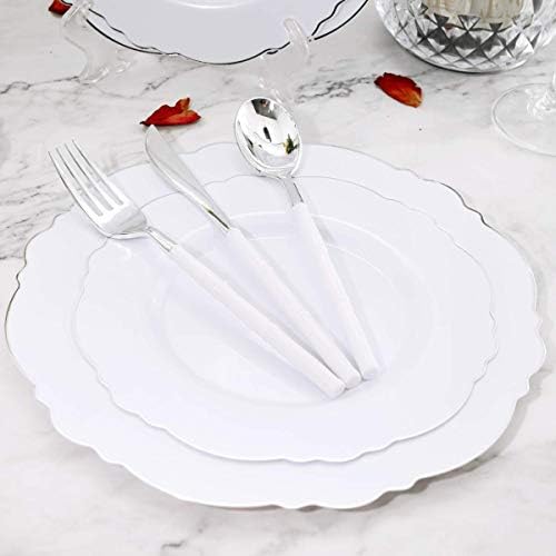 WDF 100pcs Silver Plastic Plates - High-end Baroque Design - Heavy Duty White &Silver Plates for Christmas Upscale Parties &Wedding - Image 3