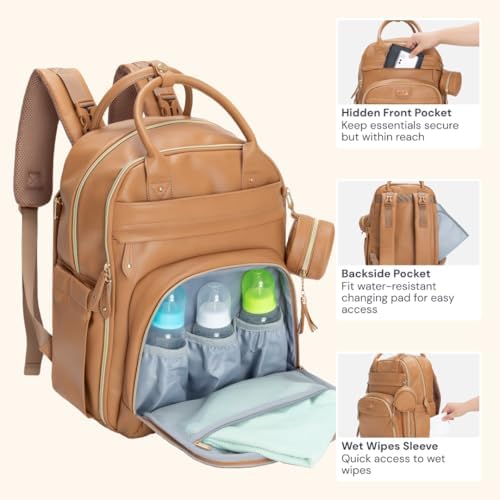 BabbleRoo Leather Diaper Bag Backpack - Baby Essentials Travel Baby Bag, Multi function, Water Resistant, with Changing Pad, Stroller Straps & Pacifier Case – Unisex, Light Brown - Image 6