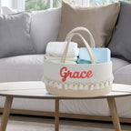 Personalized Diaper Caddy Organizer With Name, Custom Woven Cotton Rope Storage Basket With Tassels, Nursery Decor Piece Featuring A Removable Divider For Organizing Baby Essentials Or As Gift - Image 2