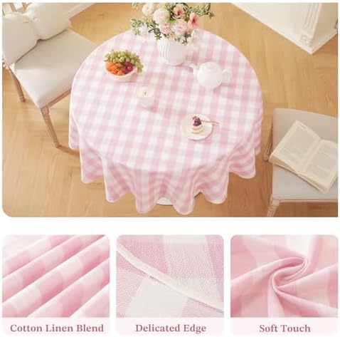 Laolitou Pink Gingham Table Cloth Round Tables Buffalo Plaid Checkered Tablecloth Cotton Linen Farmhouse Tablecloths Washable Wrinkle Free for Baby Shower Picnic Kitchen, 60", 2-4 Seats - Image 3