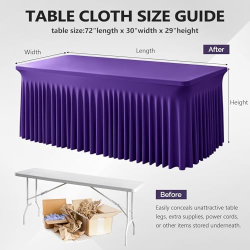 Wish Care 6 Pack Dark Purple Spandex Table Clothes for 6 Foot Rectangle Tables, 6FT Wrinkle Free Fitted Tablecloths Ruffles Design Table Cover for Party, Banquet, Wedding and Events - Image 3