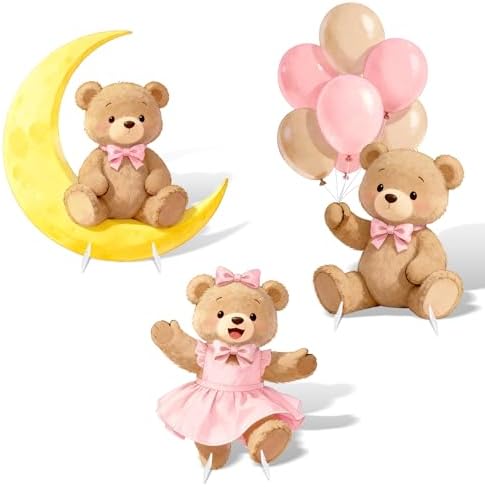 3Pcs Pink Bear Baby Shower Decorations, Large Moon Bear Cardboard Cutout Standup with Yard Stakes & Stands for Girls Bear Birthday Indoor Outdoor Photo Booth Props Cartoon Party Supplies by WelcometoLawnIdyll