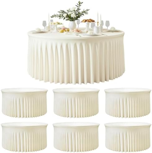 6 Pack Ivory Round Spandex Tablecloths, 5FT/60In Stretchy Table Cloth with Skirt, Washable Fitted Tablecloth, Circle Wrinkle Free Table Cover for Wedding Party Dining Banquet Event by Torrowsrort