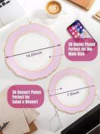 WDF 60Pcs Pink Plates Disposable with Gold Rim - Baroque Clear Pink and Gold Plastic Party Plates Ideal for Wedding/Baby Shower/Spring - Image 6