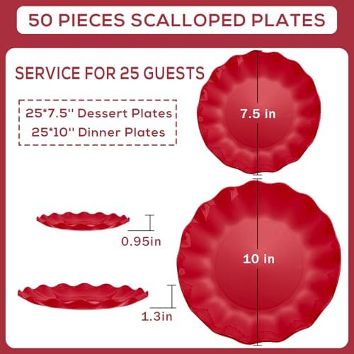 LIYH 50 Pcs Red Plastic Plates Reusable Christmas Plastic Plates Unbreakable Holiday Dinnerware Set Scalloped Plate for Christmas Day,Dishwasher Safe BPA Free (25Guests) - Image 3