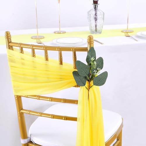 QueenDream Yellow Chair Sashes Wedding: 16 Pieces Long Sheer Wedding Aisle Chair Decorations Tulle Chairs Covers with Artificial Eucalyptus - Image 6