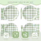 Vyntra 350-Pc Sage Green Gingham Paper Plates and Napkins Party Supplies - Image 2