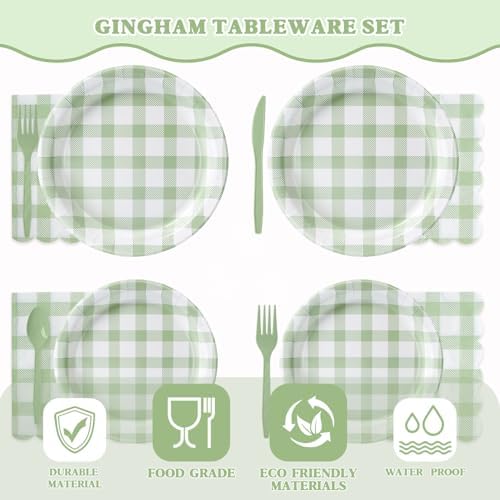 Vyntra 350-Pc Sage Green Gingham Paper Plates and Napkins Party Supplies - Image 2
