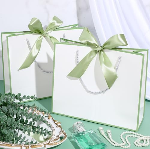 Silkfly 24 Pcs Paper Gift Bags with Handles & Bow Ribbon, White, Sage Green - Image 4