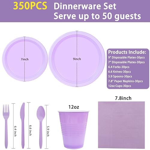 MirthMood 350PCS Plastic Lavender Plates,Lavender Disposable Plates Set - Image 2
