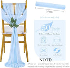 QueenDream Light Blue Sashes Wedding Chair Decorations: 50PCS Tulle Chair Cover Bands Aisle Sheer Bows for Birthday Party Banquet - Image 4