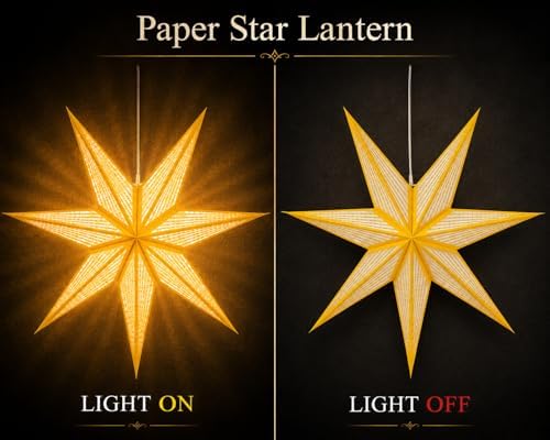 GalaxyArts 7-Point Paper Star Lantern - Striped Cutout Hanging Light Decoration - Foldable Hollow Out Star Lamp Shade for Home, Party, Christmas, Wedding Décor - Indoor/Outdoor Hanging Star(Yellow) - Image 6