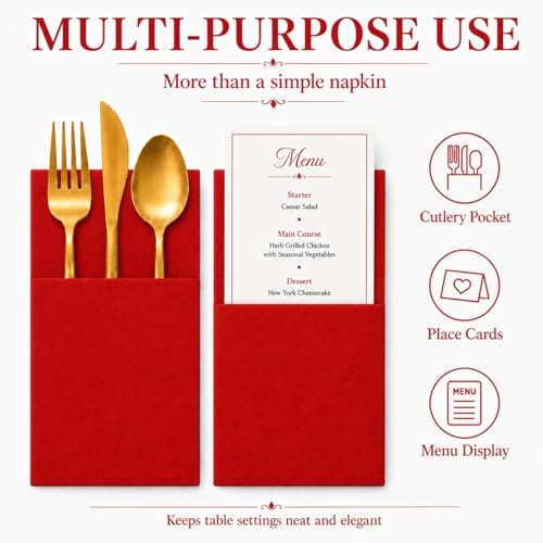 100 Pcs Red Napkins Disposable Linen Feel Dinner Paper Napkins with Built-in Flatware Pocket, 16inch x 16inch Airlaid Paper Pre-Folded Napkins for Silverware Baby Shower Easter Wedding Birthday Party - Image 7