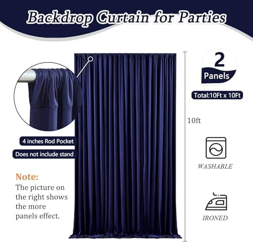 10 x 10 Feet Navy Blue Backdrop Curtain for Partie, Background Curtains for Photoshoot, Birthday, Wedding, Halloween, Thanksgiving, Christmas Day, New Year Party Decorations 5Ft x 10Ft, 2 Panels - Image 2