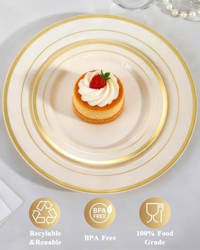 Goodluck 120 PCS Ivory and Gold Plastic Plates, Heavy Duty Disposable Ivory Plates with 60 10.25 inch Dinner Plates and 60 7.5 inch Dessert Plates for Party, Holiday, Wedding - Image 4
