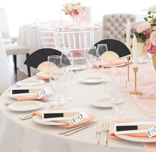 50Set Wedding Hand Fans Party Favors Black Paper Folding Handheld Fans Bulk, DIY Bamboo Fans with Thank Tag Organza Bag for Summer Guests Bridal Dancing Props Church Decoation - Image 6