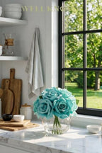 WELL KNOWN Artificial Rose Flowers with Glass Vase, Teal Blue Flower Decor - Image 4